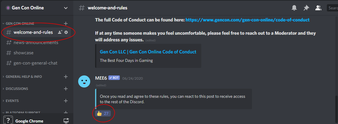 Screenshot of Discord interface showing agreement of Code of Conduct