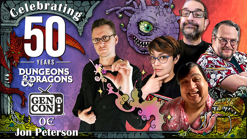 Special event collage marking the 50th anniversary of Dungeons & Dragons at Gen Con, featuring historian Jon Peterson and diverse personalities from the D&D community, complemented by vibrant fantasy illustrations.