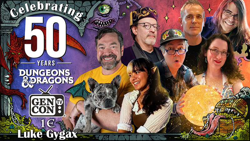 Festive montage for Dungeons & Dragons' 50th anniversary at Gen Con, showcasing Luke Gygax and a group of enthusiasts, infused with colorful, mythical creatures and elements.