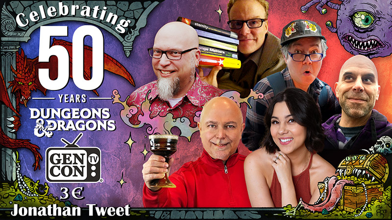 Commemorative collage for Dungeons & Dragons' 50th anniversary, featuring Jonathan Tweet among other enthusiasts, highlighted by magical and mystical graphic elements. 