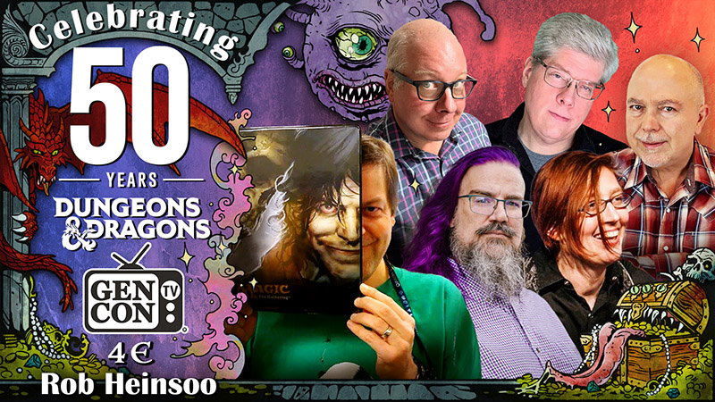 Collage celebrating 50 years of Dungeons & Dragons featuring game designer Rob Heinsoo and other iconic figures from the D&D community, set against a backdrop of fantastical creatures and artwork.